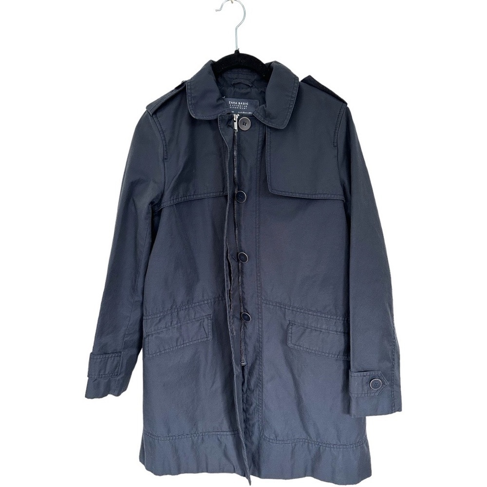 Zara Jacket Trench Coat Navy Blue Zip Front Lined Size XS - Picture 11 of 11